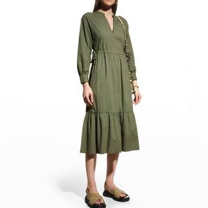 Rails Maple V-Neck Midi Dress Size XXS Drawstring Waist Olive Green Long Sleeve